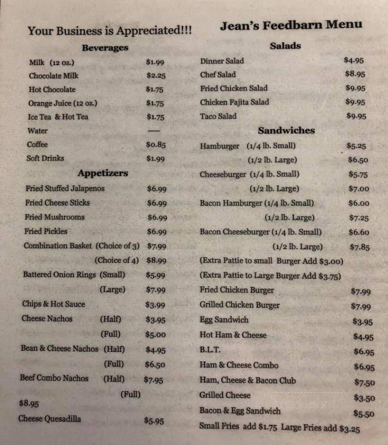 Jean's Feed Barn - Cross Plains, TX menu_pic