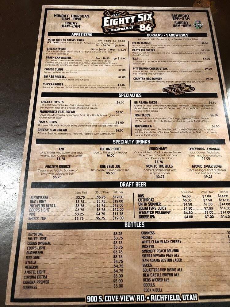 Bar86 - Richfield, UT menu_pic