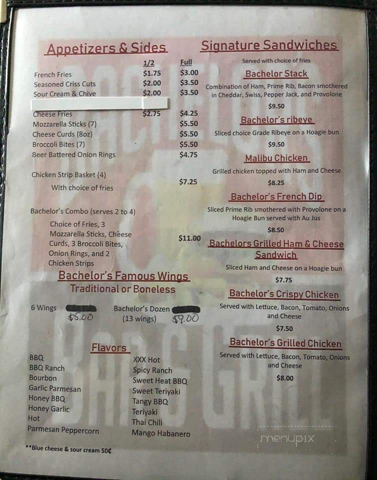 Bachelors - Kaukauna, WI menu_pic