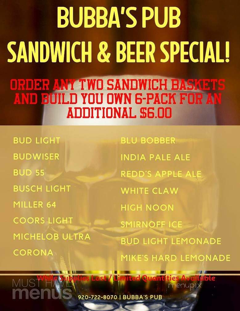 Bubba's Pub - Menasha, WI menu_pic