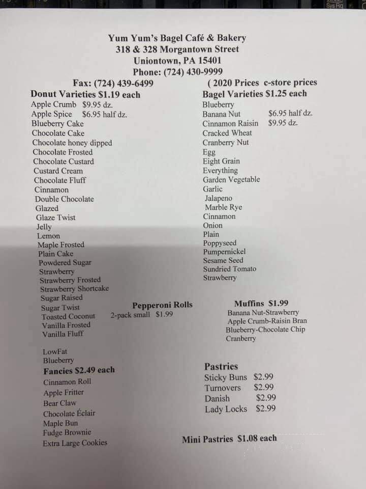 Yum Yum's Bagel Cafe - Uniontown, PA menu_pic