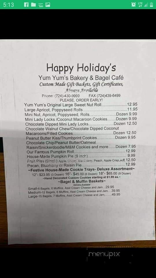 Yum Yum's Bagel Cafe - Uniontown, PA menu_pic