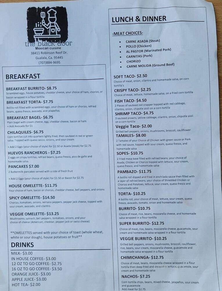 The Black Door Mexican Cuisine - Gualala, CA menu_pic