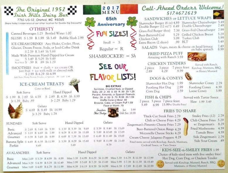 Irish Hills Dairy Bar - Onsted, MI menu_pic