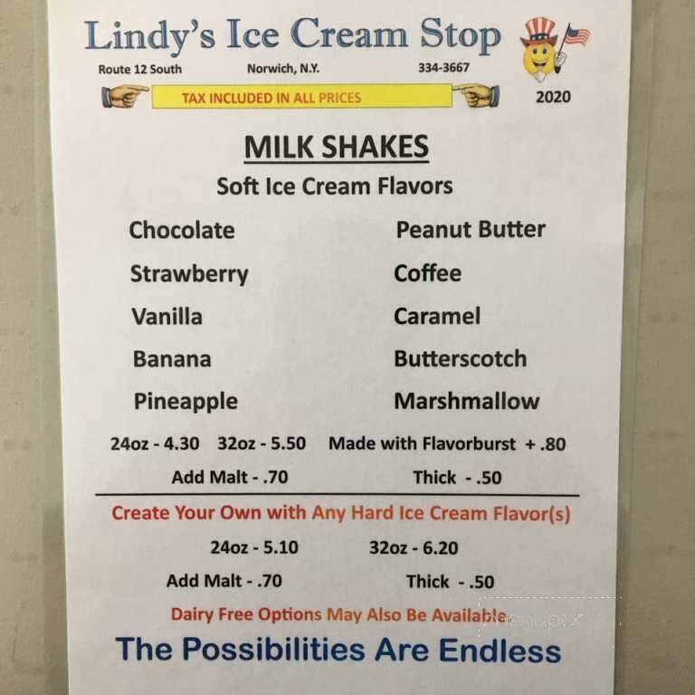 Lindy's Ice Cream Stop - Norwich, NY menu_pic