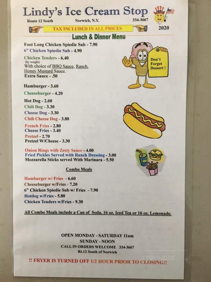Lindy's Ice Cream Stop - Norwich, NY menu_pic