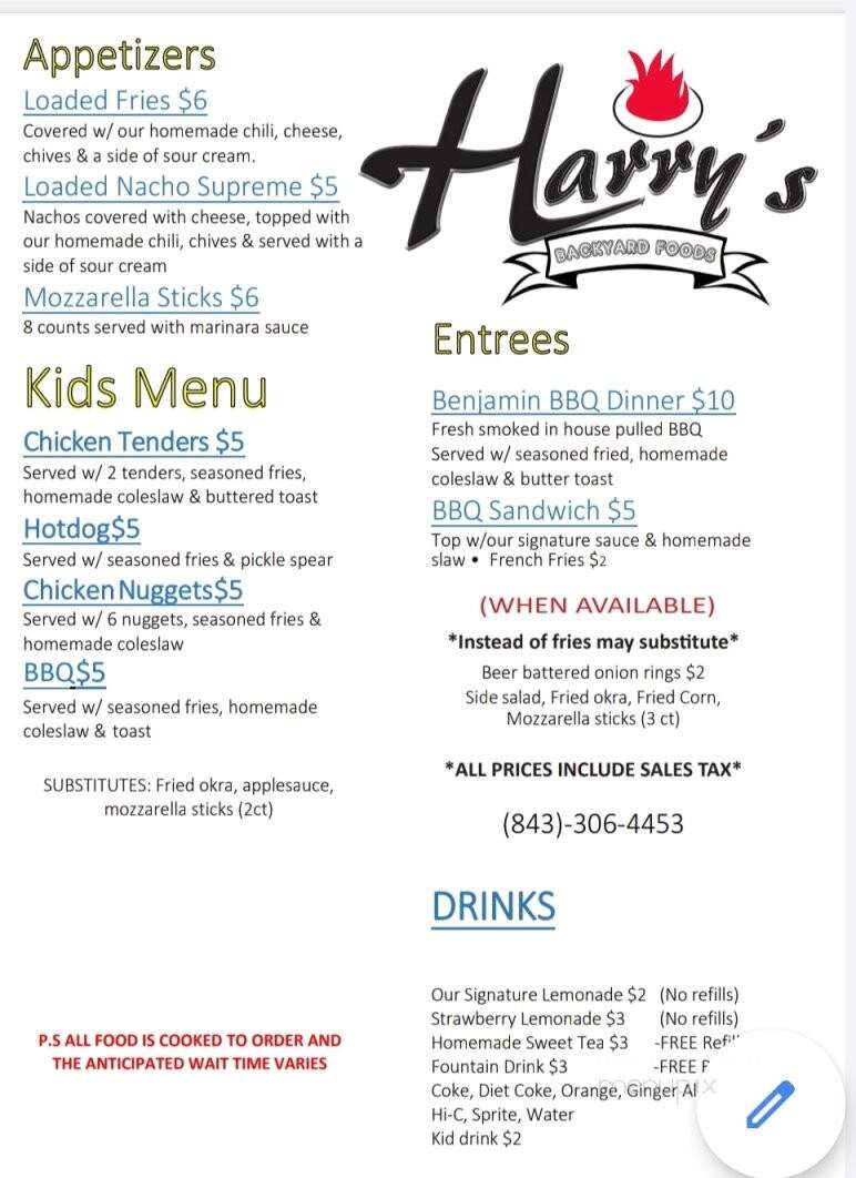 Harry's Backyard Foods - McColl, SC menu_pic