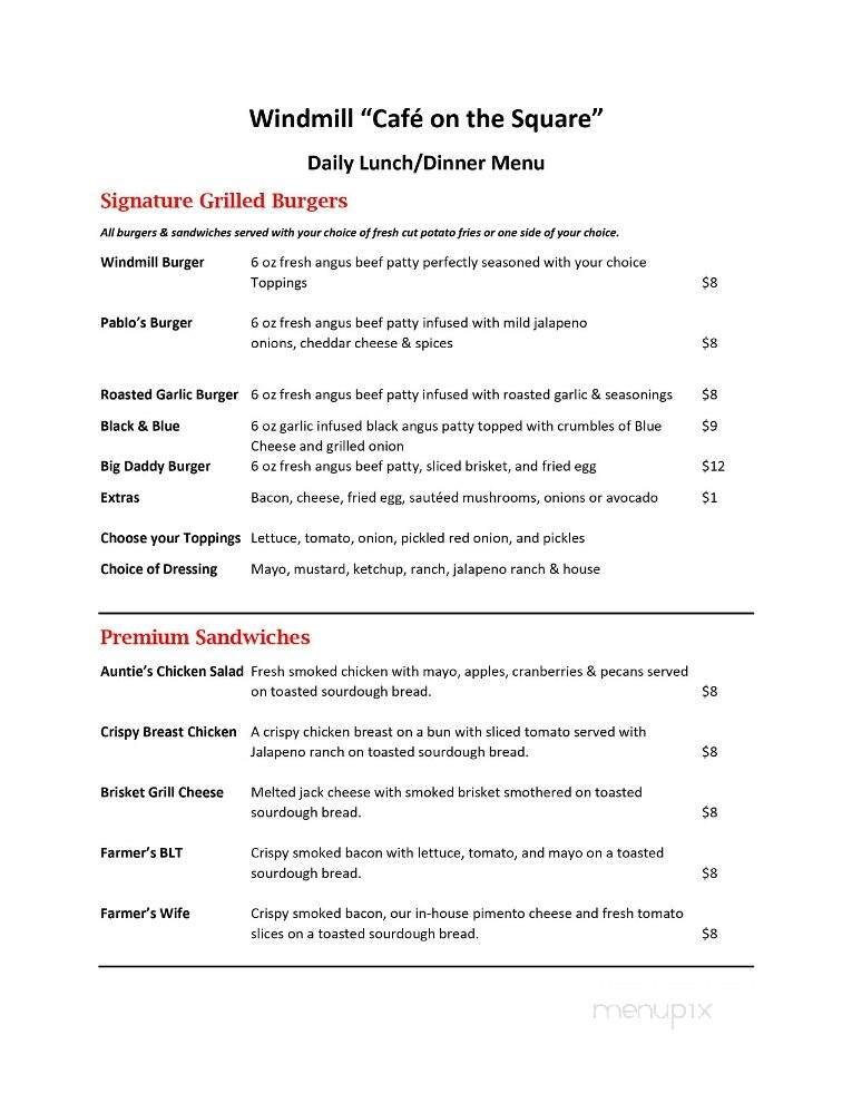 Windmill Cafe on the Square - Frankston, TX menu_pic