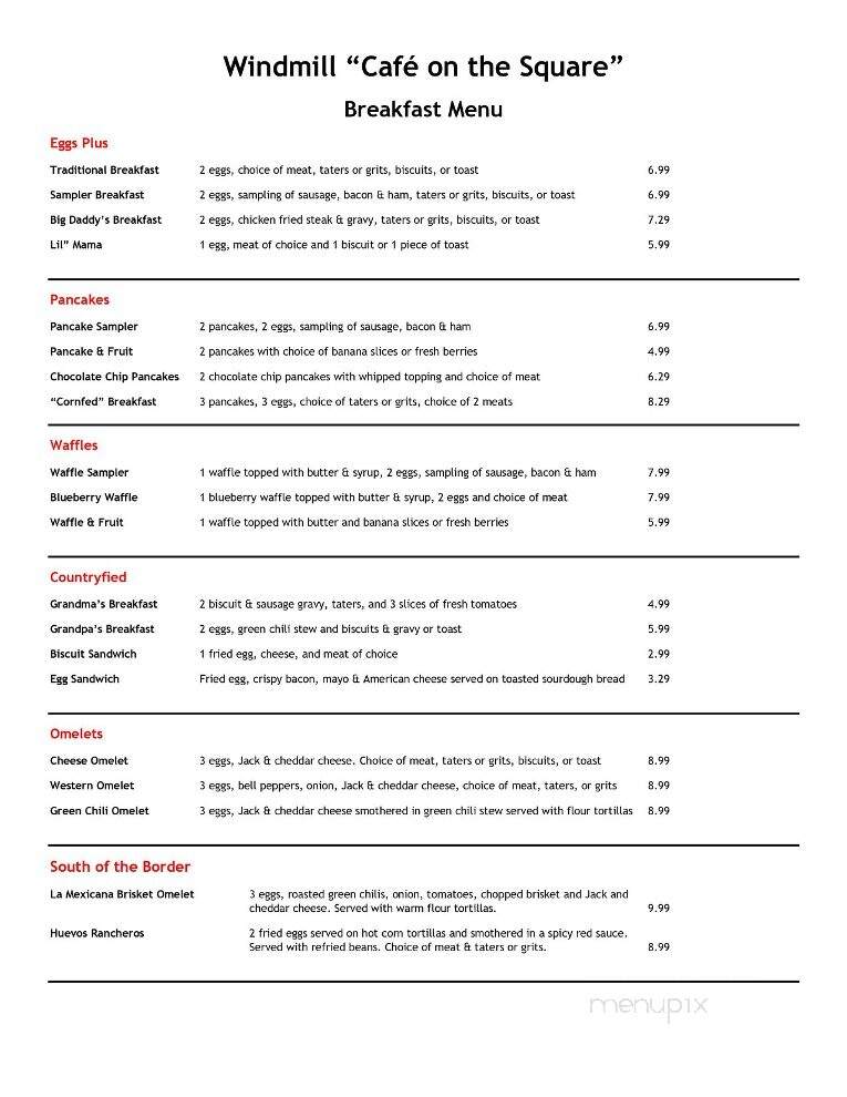 Windmill Cafe on the Square - Frankston, TX menu_pic