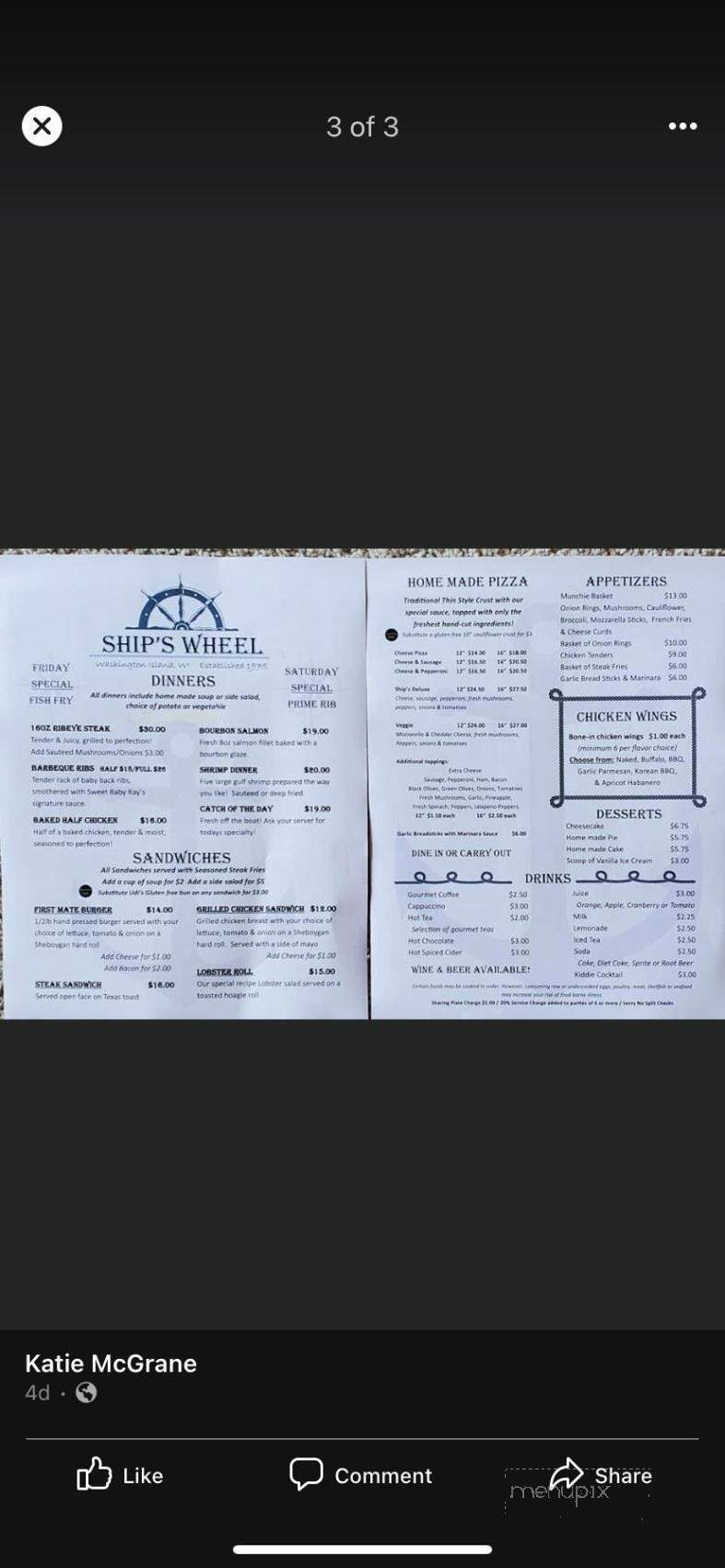 Ships Wheel Restaurant - Washington Island, WI menu_pic
