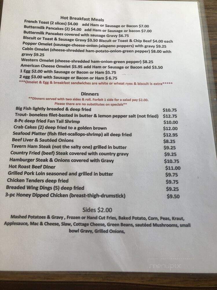 Mallow's Roadside Cafe - Cabins, WV menu_pic