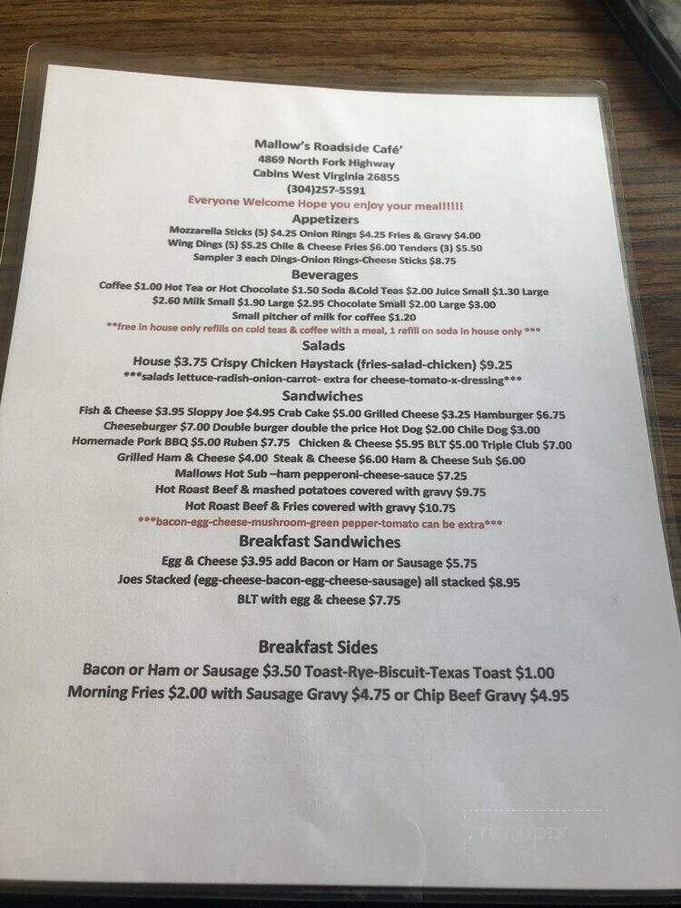 Mallow's Roadside Cafe - Cabins, WV menu_pic