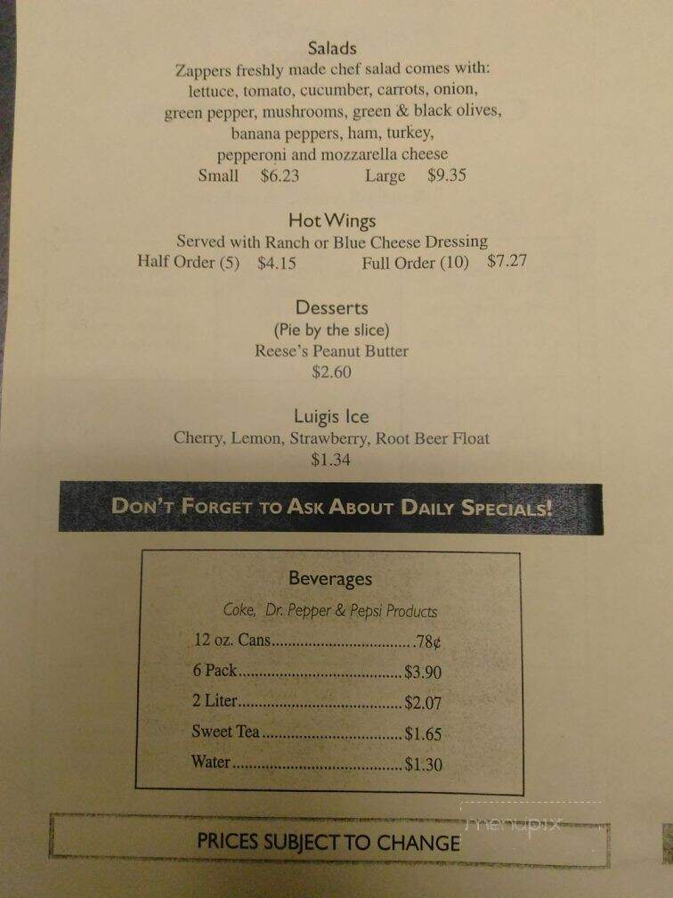 Zappers - Shady Spring, WV menu_pic