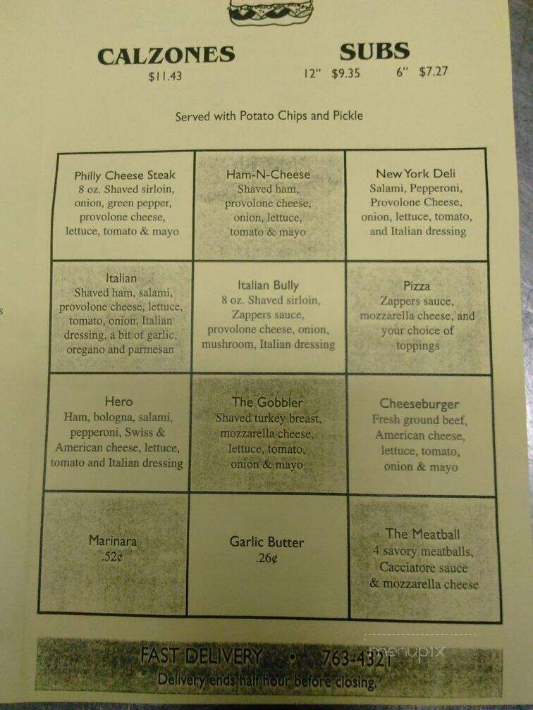 Zappers - Shady Spring, WV menu_pic