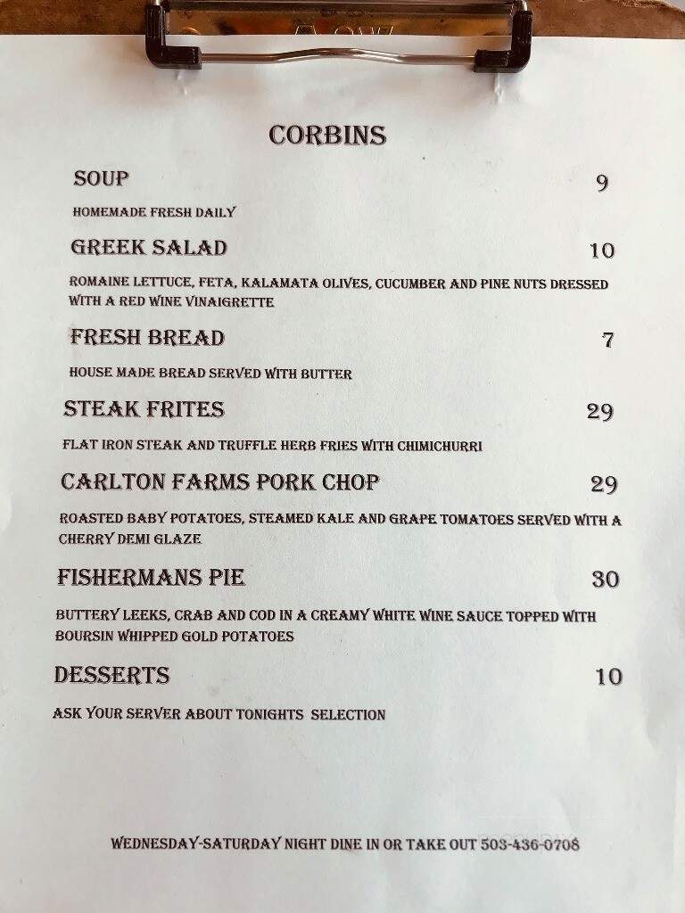 Corbins - Cannon Beach, OR menu_pic