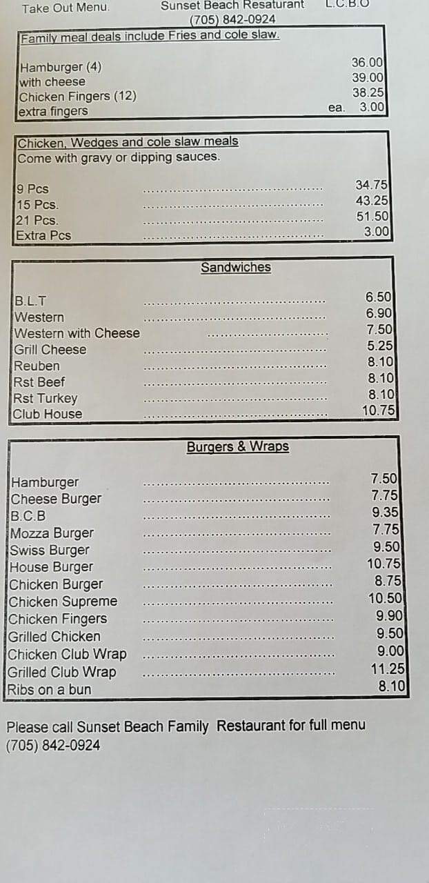 Sunset Beach Family Restaurant - Thessalon, ON menu_pic