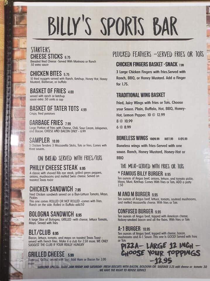Billy's Sports Bar & Grill - Hazel Green, AL menu_pic