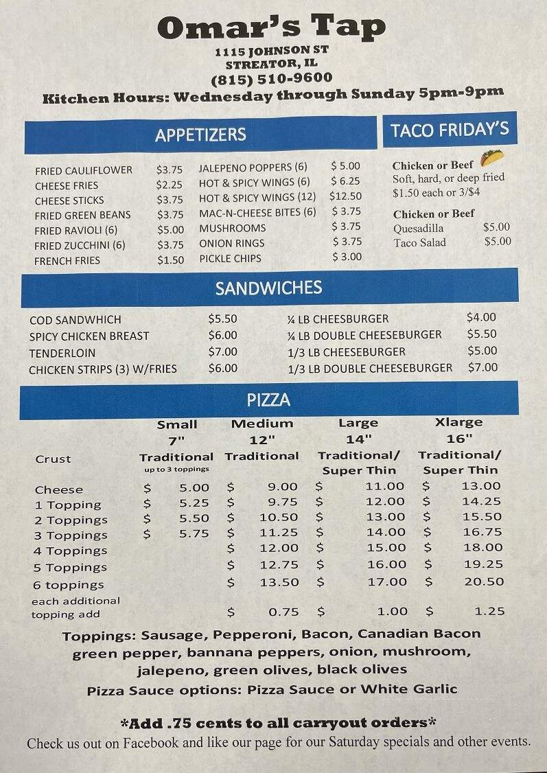 Omars Tap - Streator, IL menu_pic