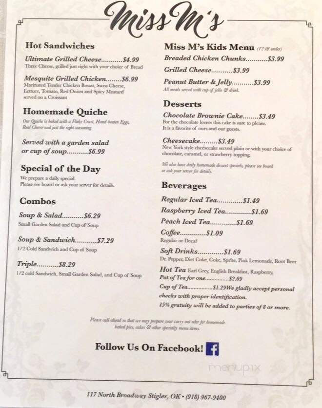 Miss M's Tea Room & Restaurant - Stigler, OK menu_pic