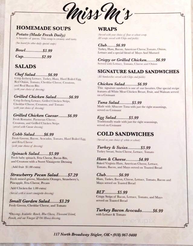 Miss M's Tea Room & Restaurant - Stigler, OK menu_pic