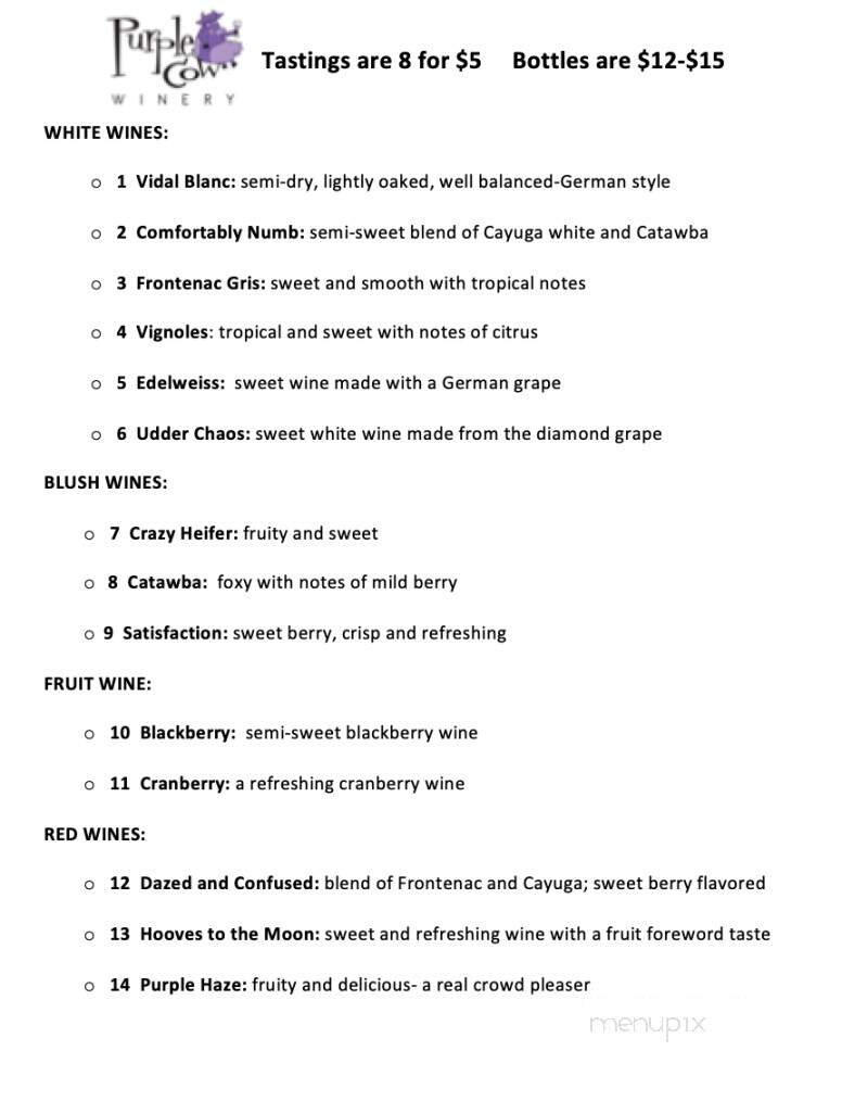 Purple Cow Winery - Bloomsburg, PA menu_pic