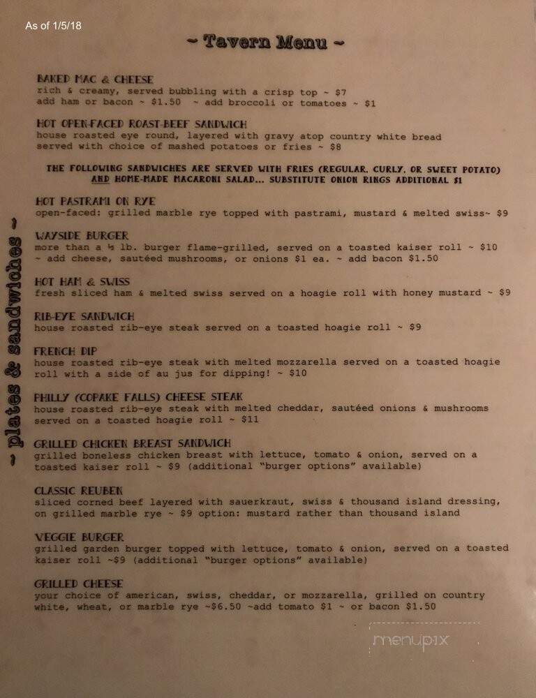 Taconic Wayside Inn - Copake Falls, NY menu_pic