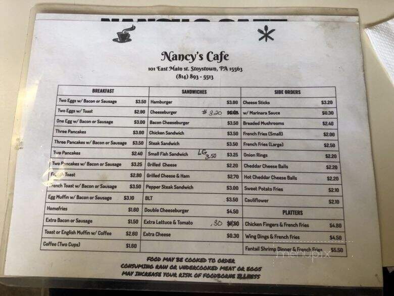 Nancy's Cafe - Stoystown, PA menu_pic