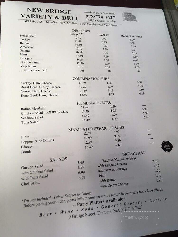 New Bridge Deli & Variety - Danvers, MA menu_pic