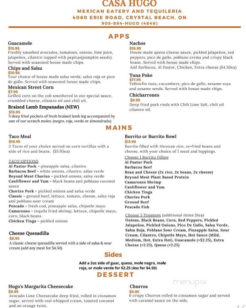 Casa Hugo - Crystal Beach, ON menu_pic