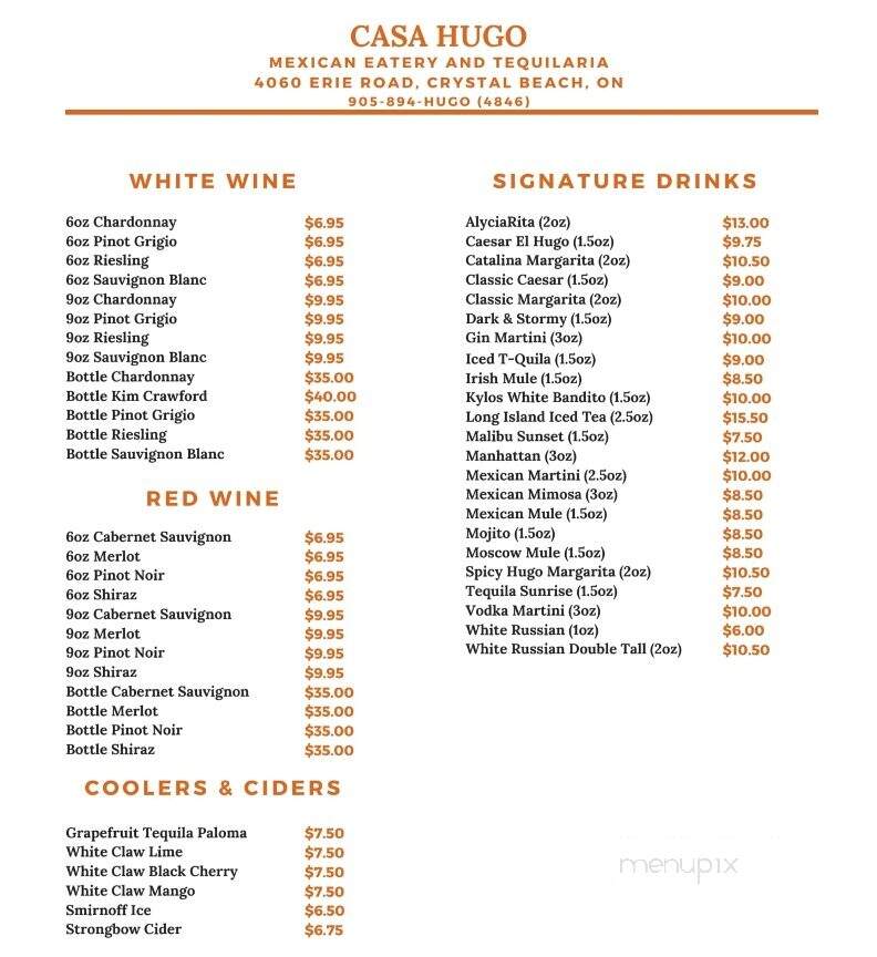 Casa Hugo - Crystal Beach, ON menu_pic