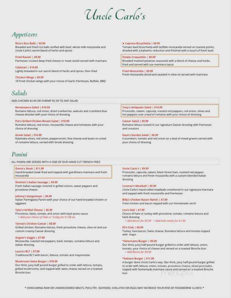 Uncle Carlo's Italian Ristorante - Lake Park, GA menu_pic