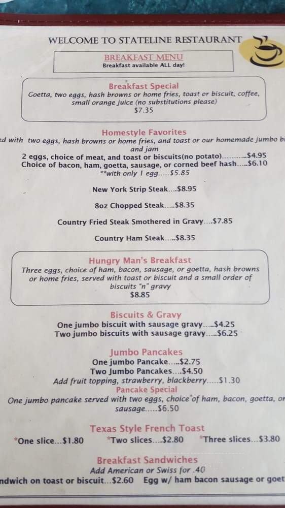 State Line Restaurant - Lawrenceburg, IN menu_pic