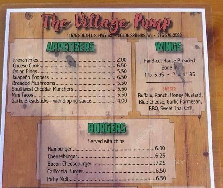 Village Pump - Solon Springs, WI menu_pic