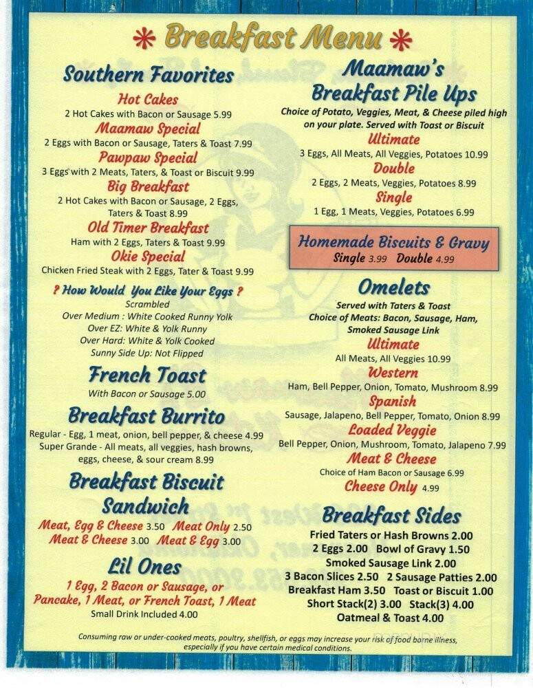 Maamaw B's Kitchen - Heavener, OK menu_pic