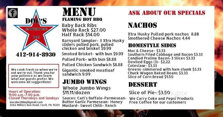 Doc's Smokehouse BBQ - Cecil-Bishop, PA menu_pic
