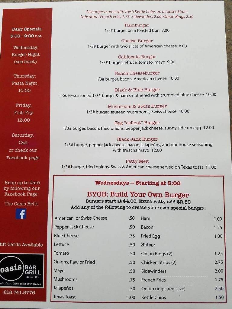 Oasis - Britt, MN menu_pic