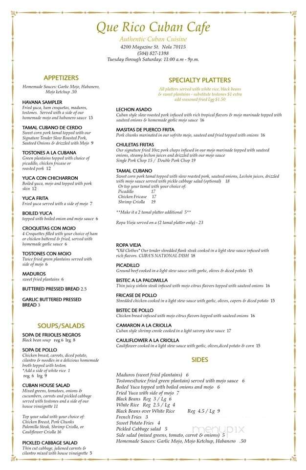 Que Rico! Cuban Cafe - Slidell, LA menu_pic