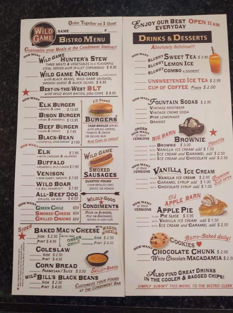 Wild Game Bistro & Market - High Rolls, NM menu_pic