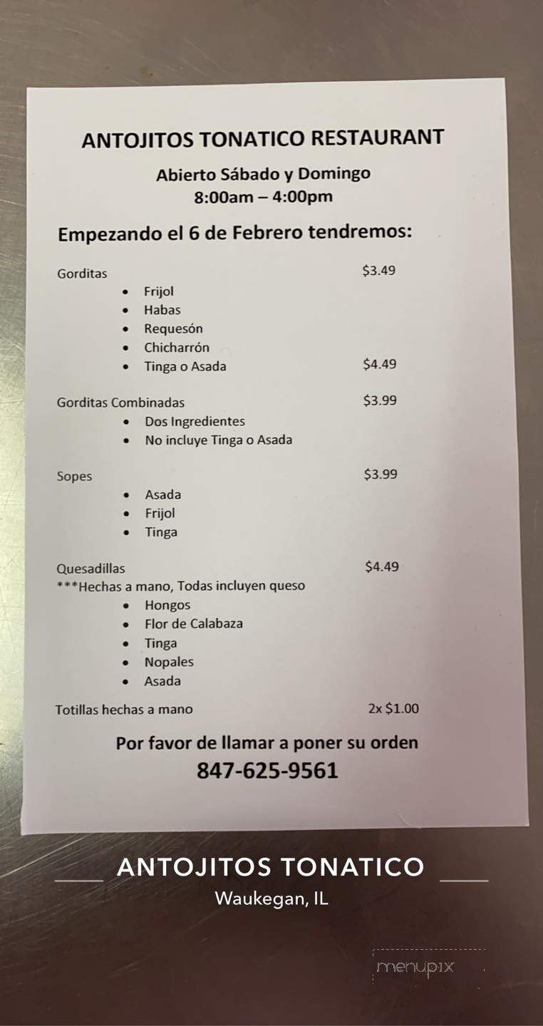 Antojitos Tonatico - Waukegan, IL menu_pic