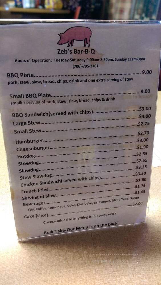 Dean Zeb Bar-B-Cue - Danielsville, GA menu_pic