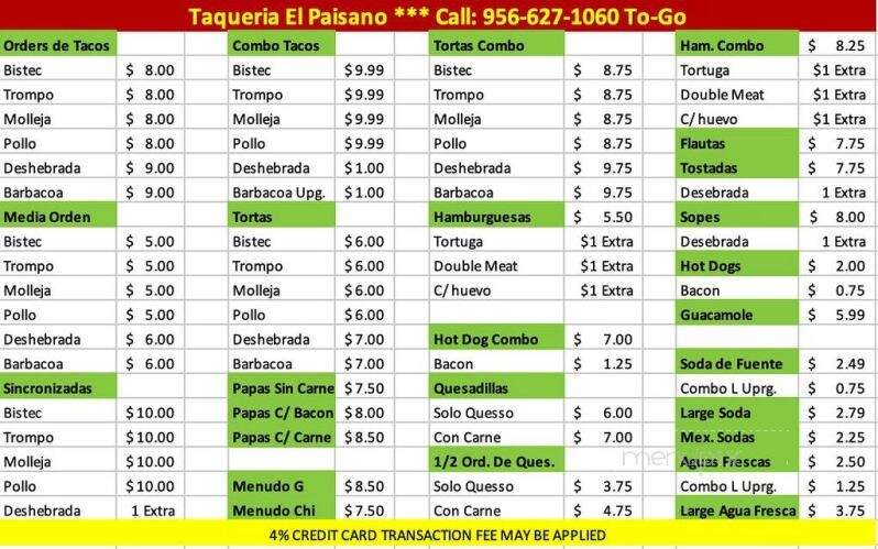 Taqueria El Paisano - McAllen, TX menu_pic