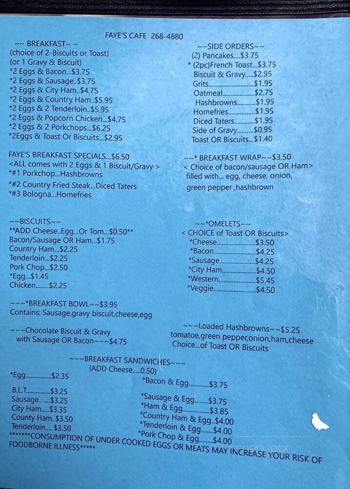 Fayes Cafe - Gainesboro, TN menu_pic