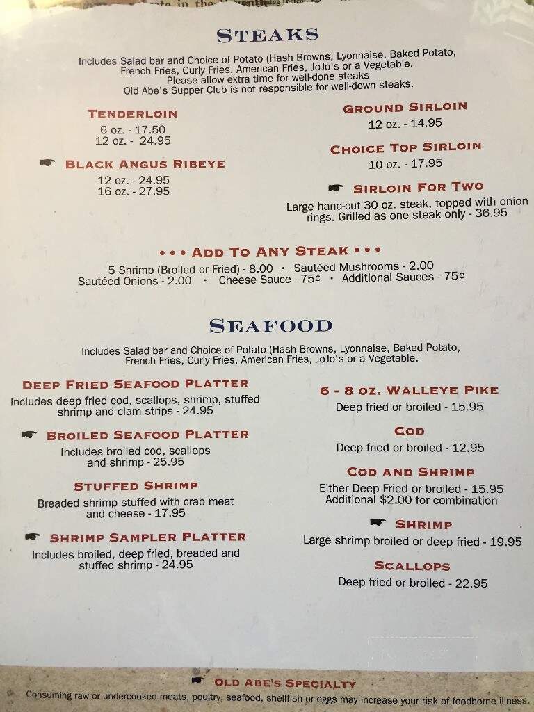 Old Abe's Supper Club - Jim Falls, WI menu_pic