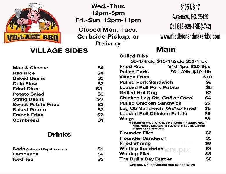 Middleton & Maker Village BBQ - Awendaw, SC menu_pic