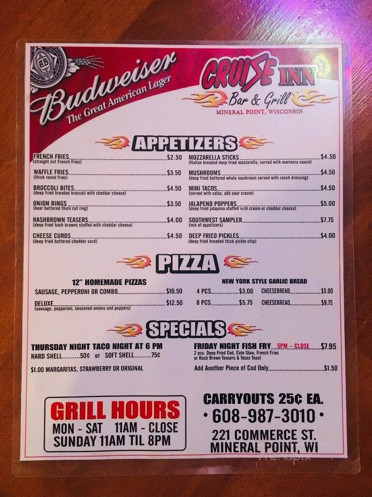 Cruise Inn Bar & Grill - Mineral Point, WI menu_pic