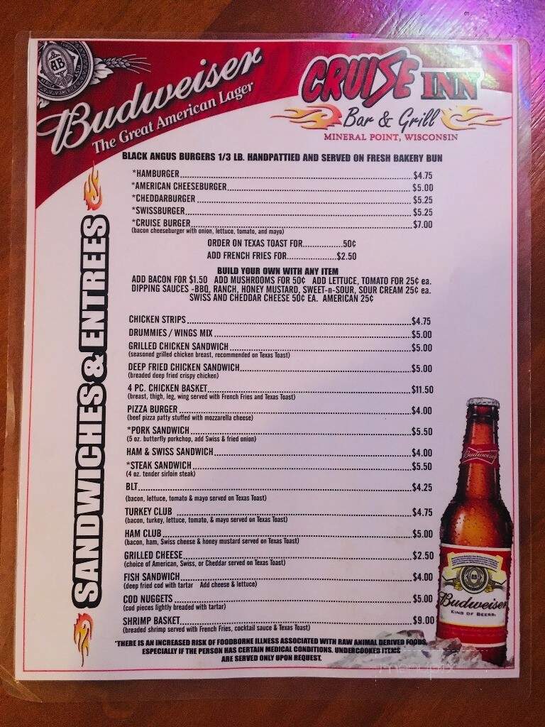 Cruise Inn Bar & Grill - Mineral Point, WI menu_pic