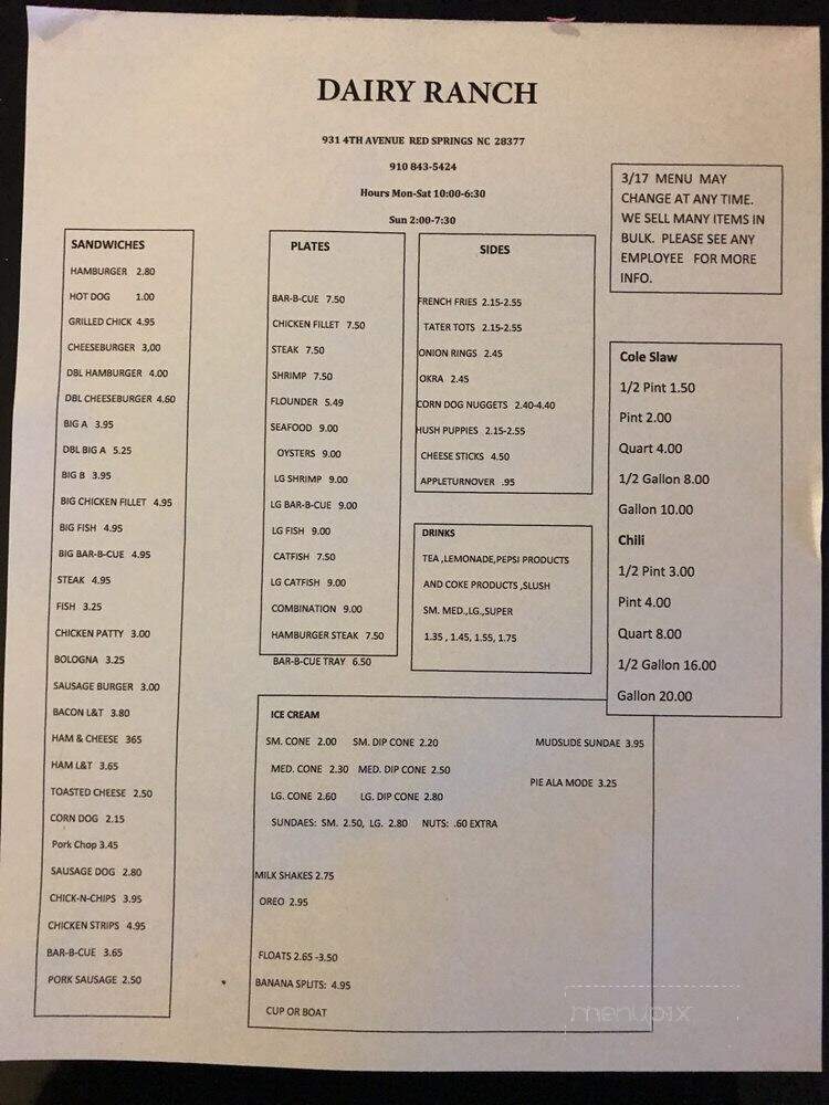 Dairy Ranch - Red Springs, NC menu_pic