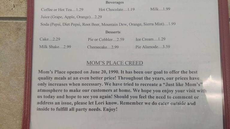 Mom's Place - Fairmont, WV menu_pic