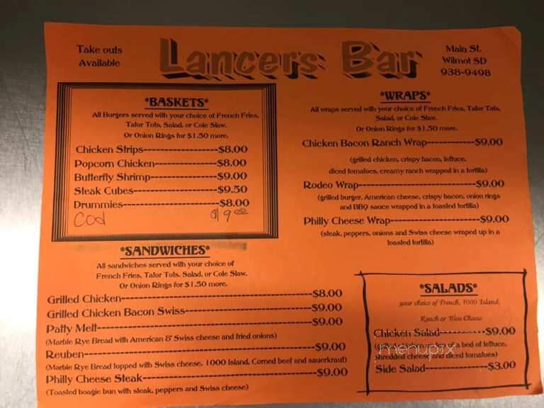 Lancers Bar - Wilmot, SD menu_pic