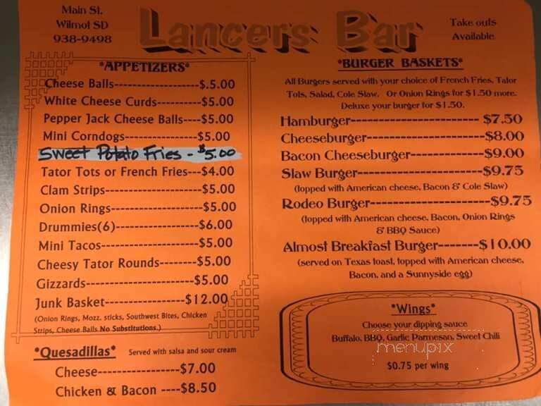 Lancers Bar - Wilmot, SD menu_pic